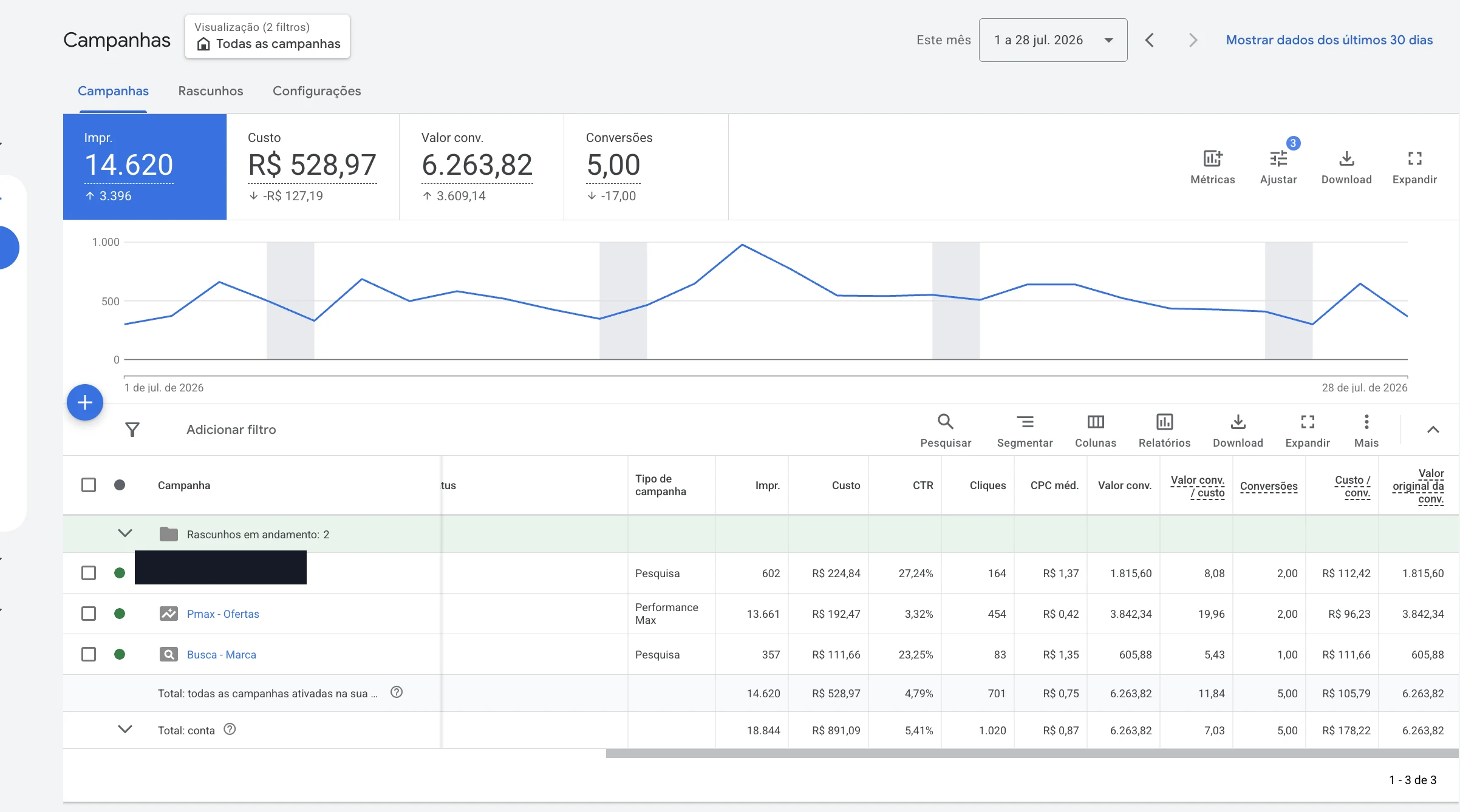 Print real de campanha Google Ads Search e Performance Max de um hotel gerenciado pela Drive Up Mídia