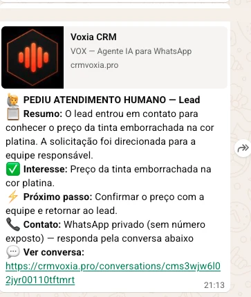 Notificação real do agente de IA de atendimento identificando pedido de atendimento humano