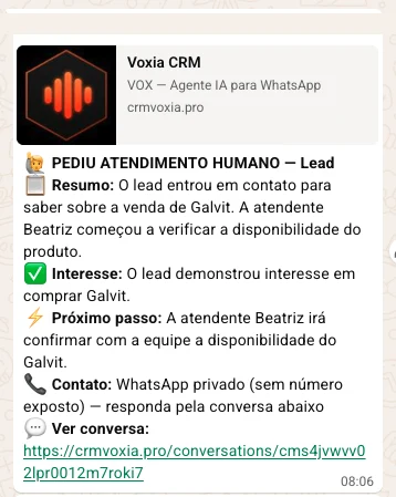 Notificação real do agente de IA de atendimento identificando interesse de compra