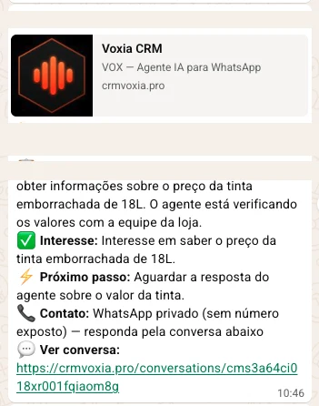 Notificação real do agente de IA de atendimento com resumo de conversa e próximo passo