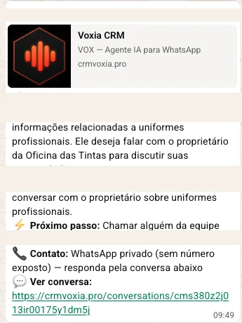 Notificação real do agente de IA de atendimento identificando lead quente