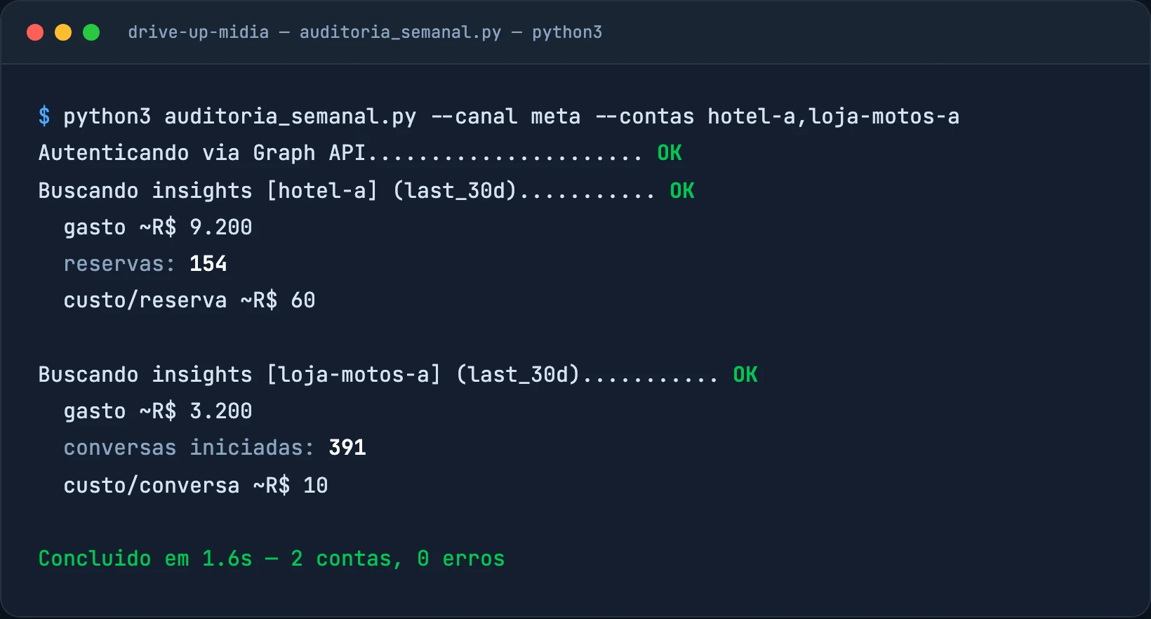 Terminal com execução real de script de auditoria automatizada via API, buscando insights de contas Meta Ads